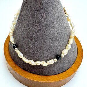 Biwa Pearl Cabochon Black Onyx Beaded Bracelet Spring Ring Clasp 7.25" Length
